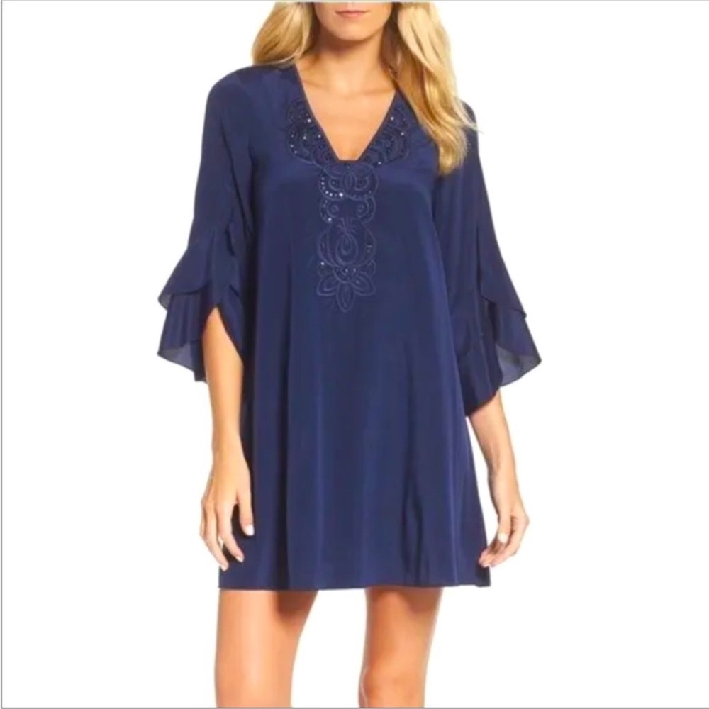 Lilly Pulitzer Women's Blue V-Neck Tatiana Beaded Silk Tunic Dress Size L